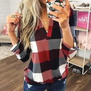 Casual red and black plaid V-neck long sleeve blouse for women's stylish autumn wear