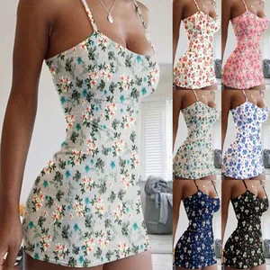 Detail collage of summer floral print bodycon camisole dresses in multiple colors