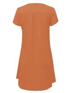 Detailed back view of a casual orange short sleeve woven dress with pleat details