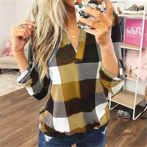 Stylish women's long sleeve plaid shirt featuring a deep V-neck and casual fit