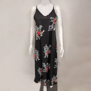 Full view of a stylish black floral print slip maxi dress on a white display mannequin