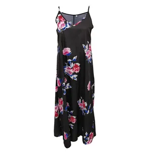 Detailed front view of black floral slip dress for summer featuring red and pink rose prints