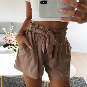 Women's stylish brown high waist paperbag shorts with tie belt for casual summer wear
