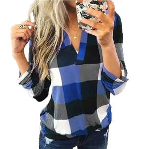 Close-up of a stylish blue and black plaid V-neck long sleeve shirt on a model