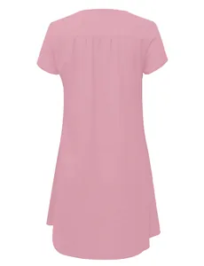 Back view of a casual dusty pink short sleeve loose fit woven dress for summer.