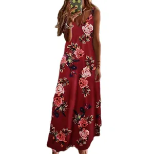 Elegant summer red floral maxi dress with sling straps for bohemian beach vacation style