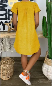 Back view of a yellow loose casual short sleeve linen cotton dress for women in summer