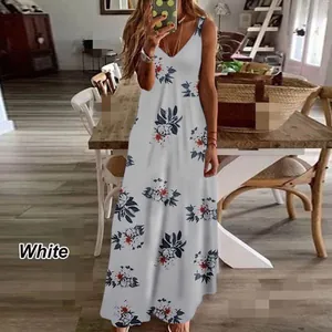 A detailed look at this elegant white floral print sleeveless summer maxi dress
