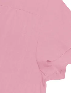 Detail shot of the fabric texture and seam of a pink short sleeve woven dress