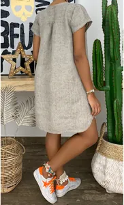 Rear view of a casual grey linen short-sleeve dress showing texture and loose fit