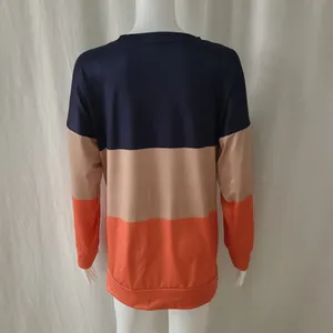 Back view of color-block crew neck sweatshirt with navy, tan, and orange stripes.