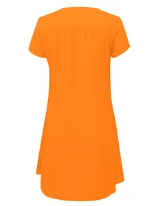 Back view of a vibrant orange short-sleeved woven dress with a loose casual fit.