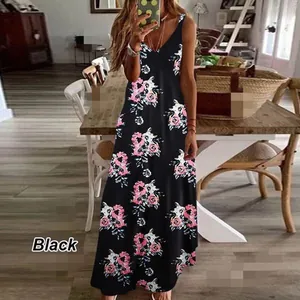 Elegant black floral print sleeveless maxi dress perfect for summer vacation beach