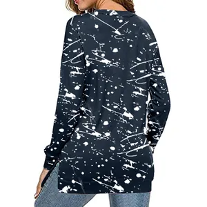 Back view of women's long sleeve T-shirt with white splatter graffiti print on navy