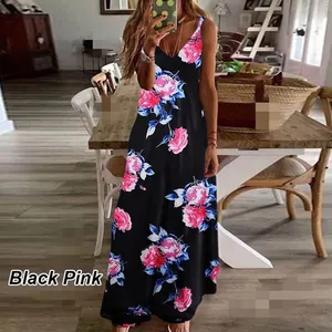 Summer vacation floral print V-neck maxi dress for women in black and pink floral