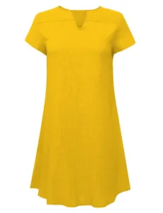 Front view of yellow short sleeve V-neck loose woven summer dress on white background
