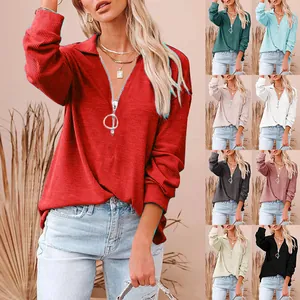 Top casual a maniche lunghe da donna con scollo a V e zip ad anello in vari colori
