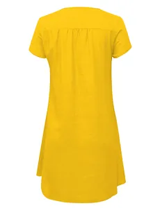 Detailed back view of a yellow short-sleeve woven dress with linen-like texture
