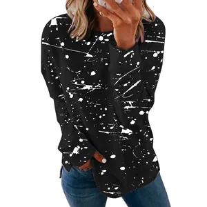 Casual black long-sleeved T-shirt for women with white splash graffiti print details