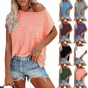 Women Casual Polyester T-Shirt Off Shoulder Batwing Sleeve Solid Color Top With Pocket Loose Spliced Short Sleeve Tee Summer Clothing
