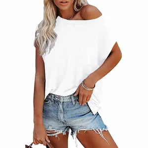 Casual white off-shoulder batwing sleeve t-shirt for women made of soft cotton fabric