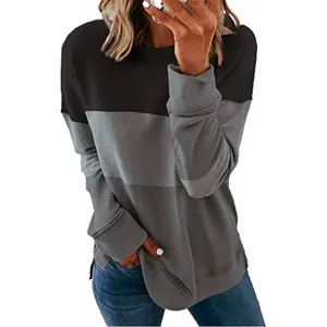 Detail view of women's color block long sleeve t-shirt featuring a comfortable relaxed fit