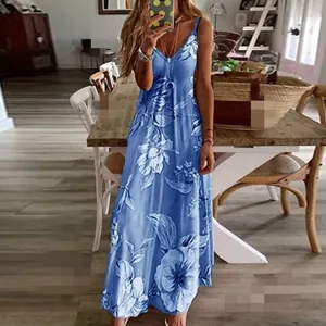 Detailed view of the bohemian blue floral print on this summer V-neck maxi dress