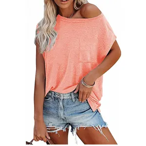 Women's minimalist off-shoulder coral pink batwing sleeve T-shirt with front pocket