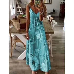 Blue floral print maxi dress with spaghetti straps and V-neck for summer vacation