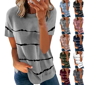 Damen Casual Baumwollmischung T-Shirt Tie-Dye Gestreift Druck Rundhals Lockere Passform Kurzarm Tee Top Für Sommer Alltag
