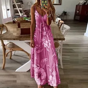 Full-length view of a purple floral maxi dress with spaghetti straps for summer vacations