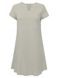 Detail view of linen-look texture and split V-neck on this loose short-sleeve summer dress