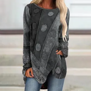 Detailed view of women's vintage grey long-sleeve T-shirt with irregular hem