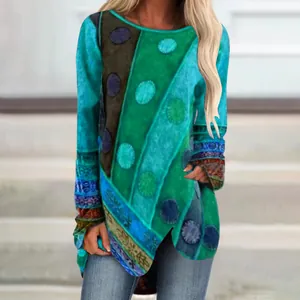 Vintage print long-sleeved shirt with colorful geometric circles and irregular hem.