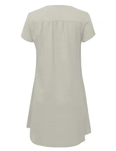 Rear view of casual short sleeve loose woven dress in light grey linen-like fabric