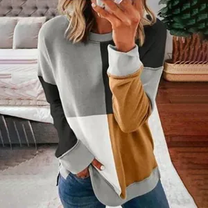 Detail view of a color-block crew neck sweatshirt with long sleeves and loose fit