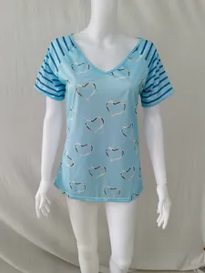 Light blue women's V-neck T-shirt featuring heart print and striped sleeves on mannequin