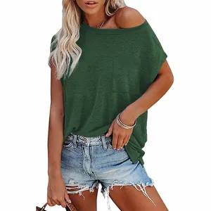 Stylish women's off-the-shoulder batwing sleeve solid green T-shirt with pocket detail