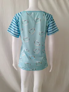 Back view of light blue short sleeve T-shirt with silver heart prints and striped sleeves