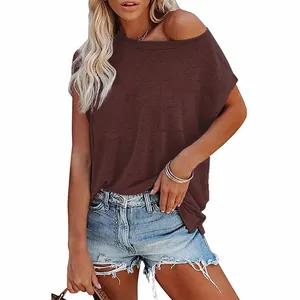 Casual brown off-shoulder batwing sleeve T-shirt for women, stylish loose fit detail.