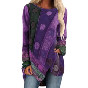 Vintage long-sleeved women's T-shirt with purple geometric print and irregular hem