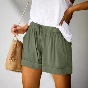 Pantaloncini casual estivi da donna a vita alta con coulisse e ampie tasche verde militare