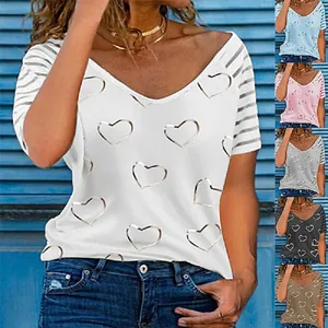 Casual women's V-neck T-shirt with heart print and striped short sleeves in multiple colors.