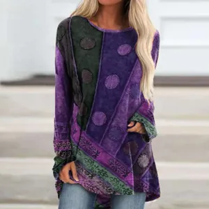 Tunica da donna stile etnico vintage a maniche lunghe con patchwork artistico a pois