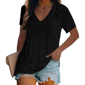 Close-up of women's black loose oversized V-neck T-shirt with double-layer neckline design.