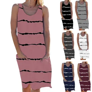 Dames Casual Katoenmix Gestreepte Jurk Mouwloos Ronde Hals Losse Pasvorm Zomer Strand Vakantie Midi Jurk Met Zakken