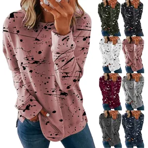 Casual long-sleeve women's T-shirt featuring abstract graffiti paint splatter print in multiple colors