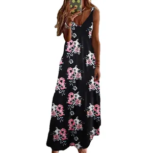 Elegant black floral print maxi camisole dress for summer vacation beach wear style
