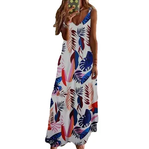 Elegant tropical leaf print summer maxi dress with V-neckline for holiday beach