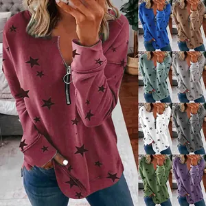 Dames Casual Sterrenprint Lange Mouw V-hals Rits Sweatshirt Katoenmix Ruime Pasvorm Sterren Graphic Hoodie Top